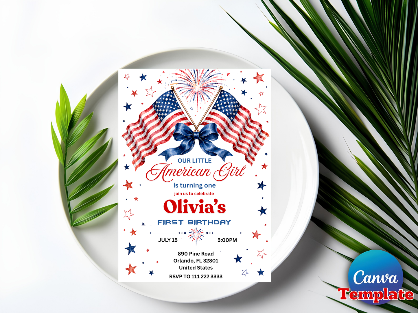 Our Little American Girl 1st Birthday Invitation Template | Editable Canva Patriotic Party Invite 🇺🇸