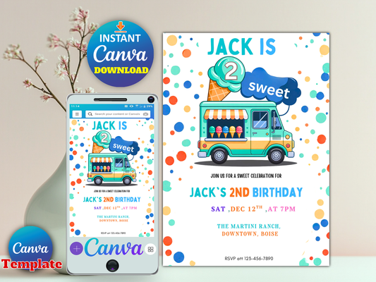 Ice Cream Two Sweet 2nd Birthday Party Invitation