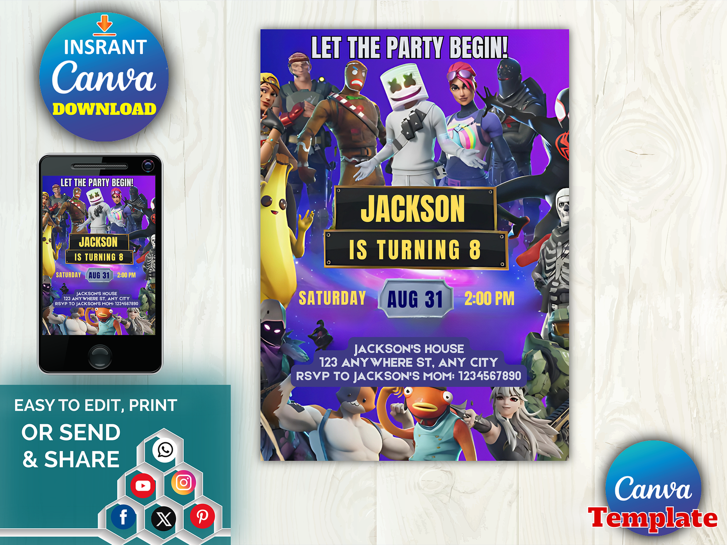 Fortnite Gaming Birthday Invitation Template - Editable Canva Digital Download