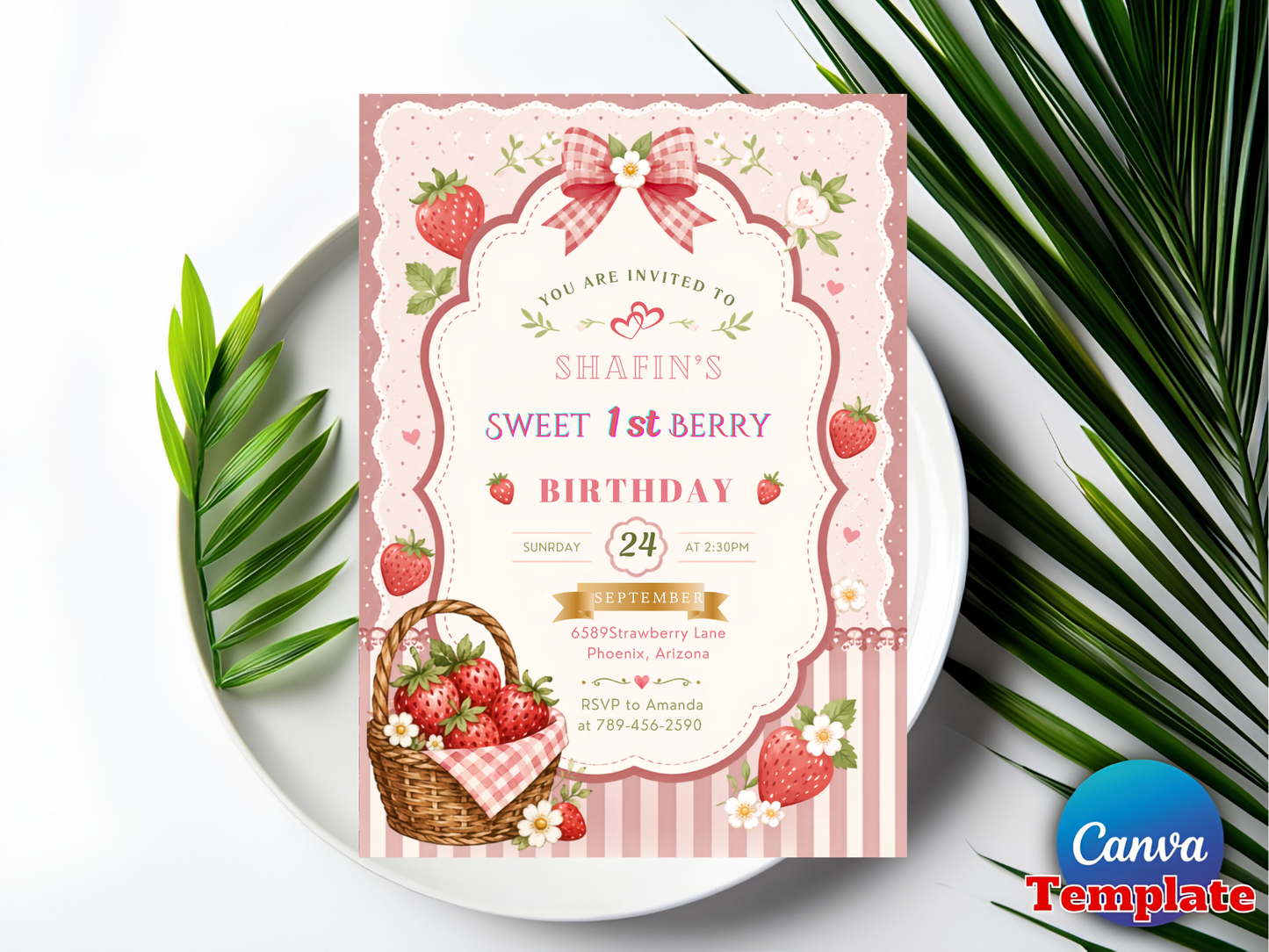Strawberry Birthday Invitation, Berry First Birthday Invitation, Strawberry Thank You Tags (Digital Download)