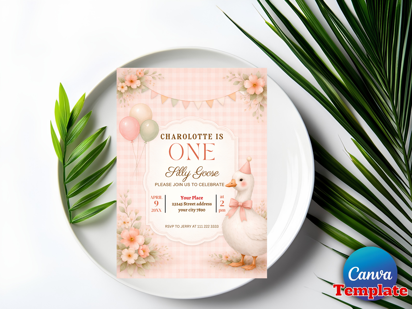 Editable Pink Gingham Silly Goose 1st Birthday Invitation Template