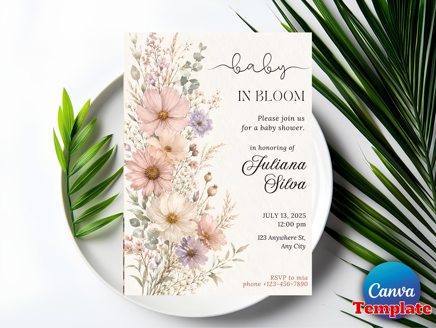 Baby in Bloom Invitation, Wildflowers Baby Shower Invitation, Purple Pink Flower Invitation,Wild Flower Invite, Floral Baby Brunch Invite