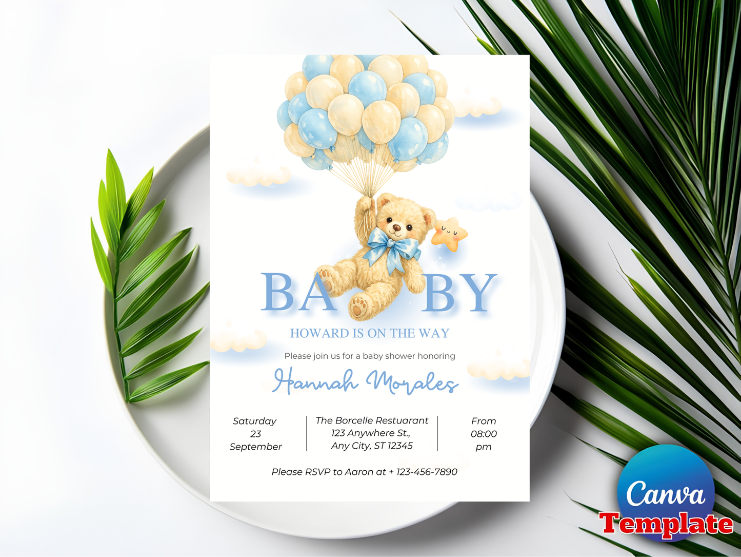 Editable Brown Bear Balloon Baby Shower Invitation, We Can Bearly Wait Baby Shower Invite, Blue Boy Boho Bear Baby Shower Canva Digital