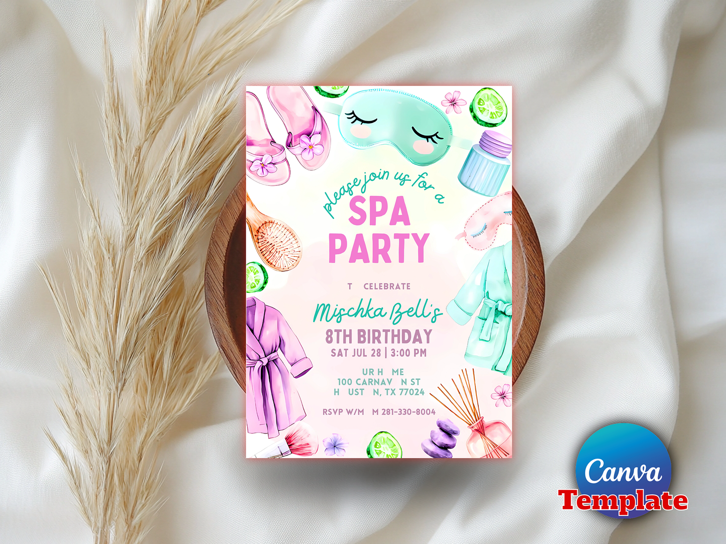 Watercolor Girls Spa Birthday Invitation Template - Editable Canva Digital Download