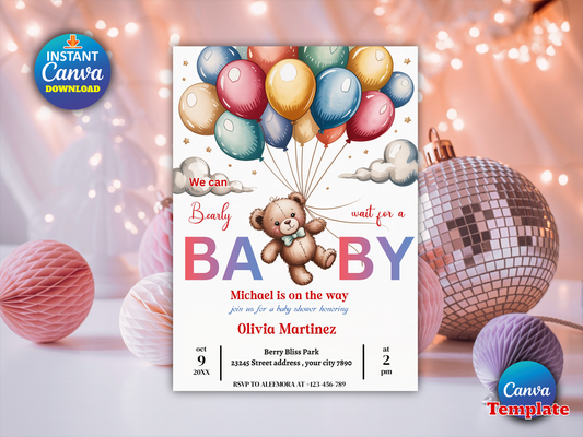 Editable Brown Bear Balloon Baby Shower Invitation