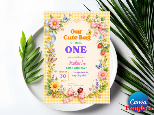 Our Cute Bug Birthday Invitation, Bug Birthday Party Invite, Butterfly Ladybug Garden Party, Any Age Birthday, Editable Canva Template