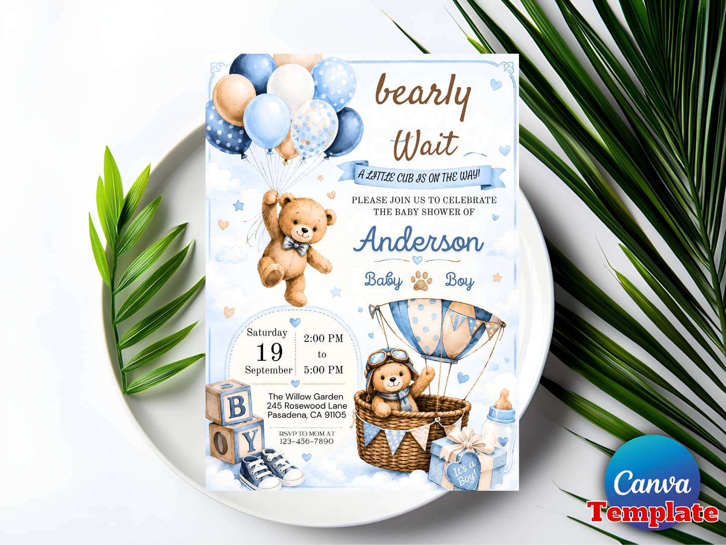 Editable Bear Baby Shower Invitation | We Can Bearly Wait Boy Party (Digital Download)