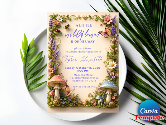 Love Bug Baby Shower Invitation, Spring Garden Shower Invite, Whimsical Floral Baby Shower Invitation, Editable Baby Shower Canva Template