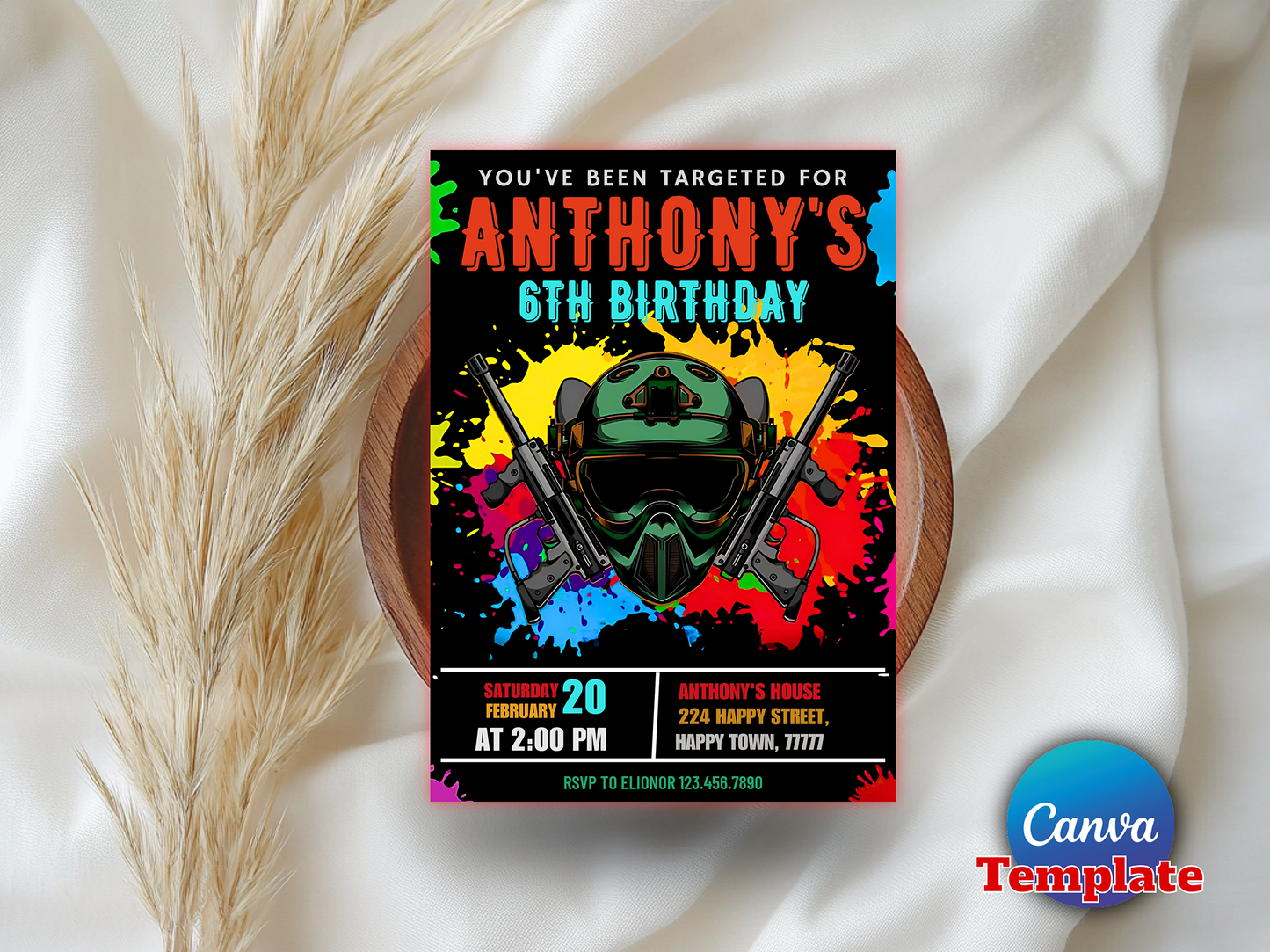 Paintball Theme 6th Birthday Invitation Canva Template Printable
