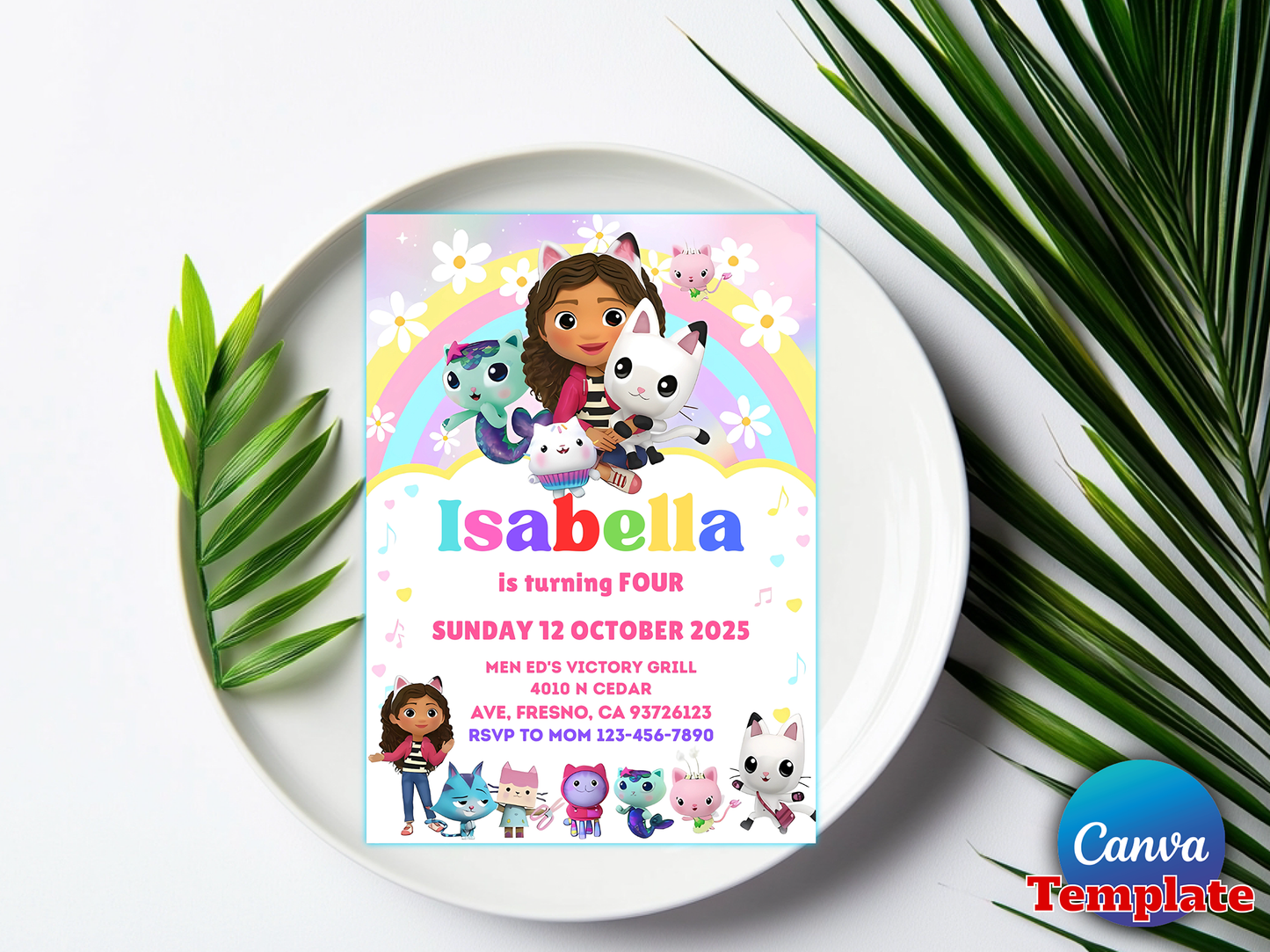 Gabby's Dollhouse Themed 4th Birthday Invitation Canva Template
