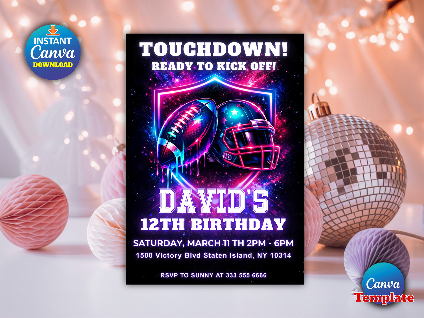 Football Birthday Invitation, Ice Cream Drip Neon Party, Sports Theme Style Party Invitation