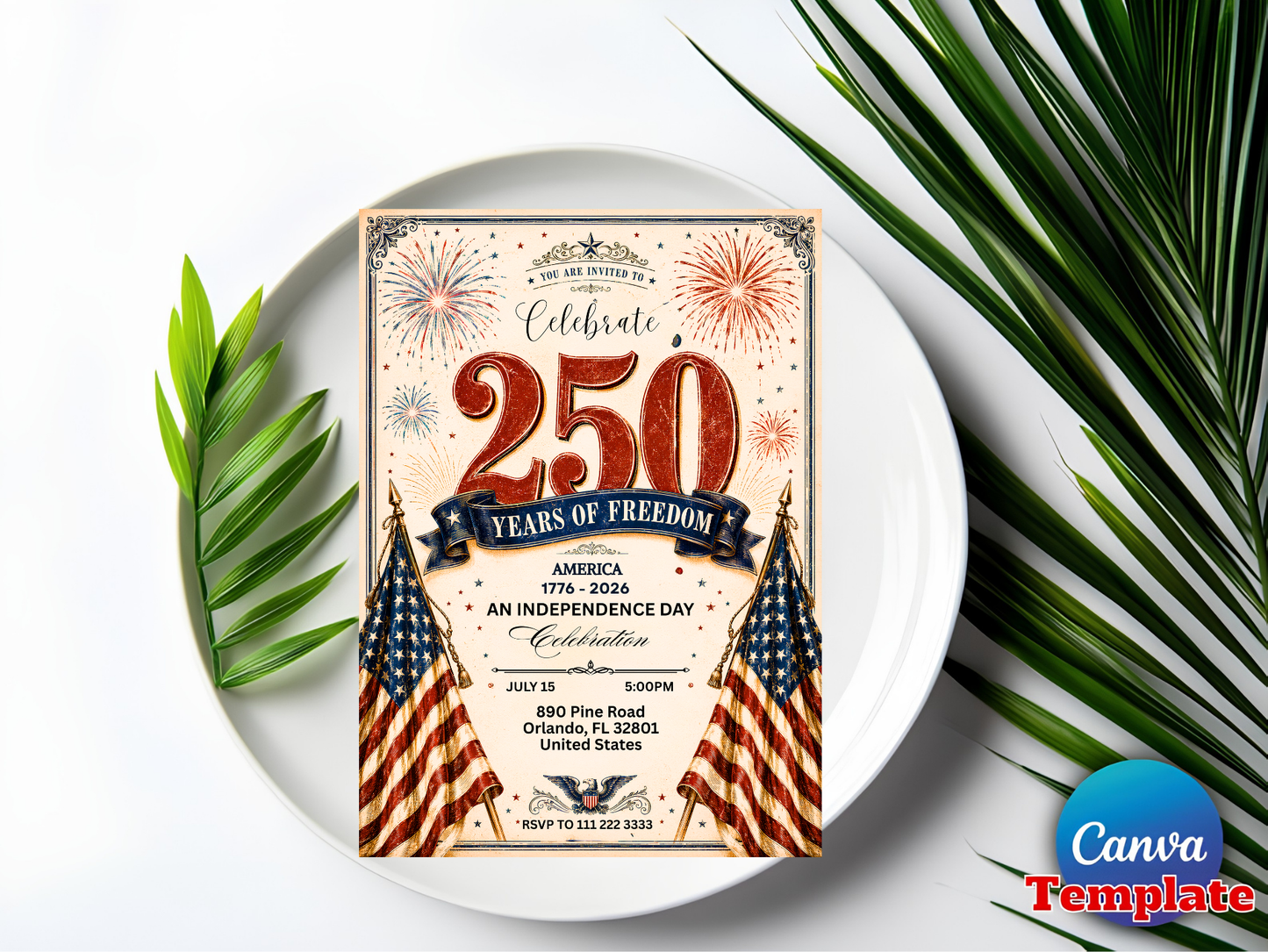 America 250 Party Invite, 4th of July Invitation, Patriotic BBQ, 250 Years of Freedom Celebration, Editable Canva Template