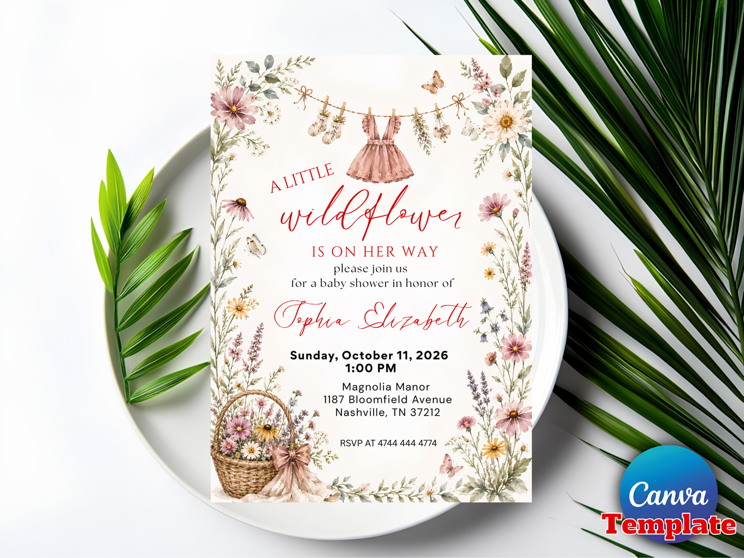 A Little Wildflower Baby Shower Invitation, Dress Wildflower Baby Shower Invite, Baby in Bloom, 5x7", Canva Template