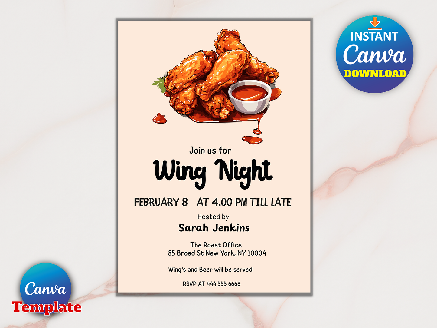 Wing Night Invitation, Chicken Wings Invite, Buffalo Wings, BBQ Wings, Hot Wings, Birthday Party