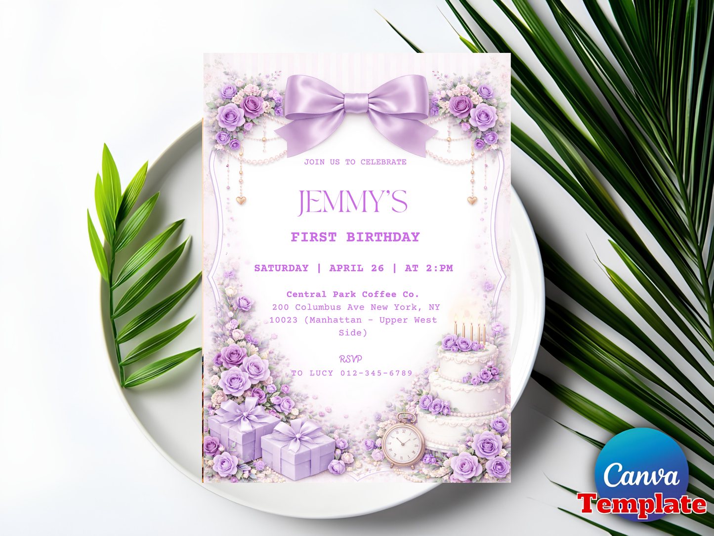Editable Elegant Purple Rose 1st Birthday Invitation Template | Coquette Purple Bow Invite (Degital Template)