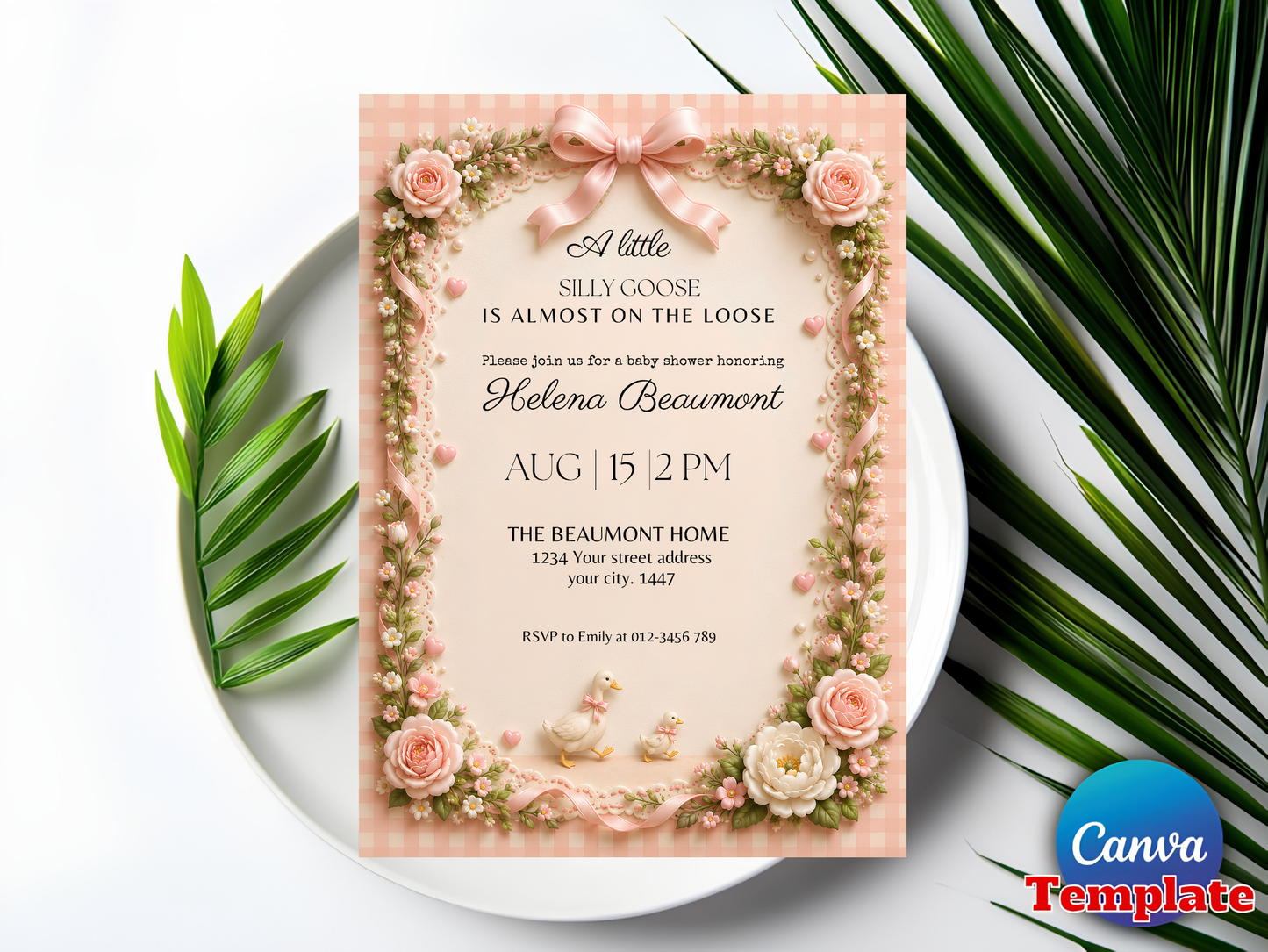 Silly Goose Baby Shower Invitation Girl, Pink Coquette Bow Goose Invite, A Little Silly Goose Is Almost On The Loose, Editable Canva Template Download