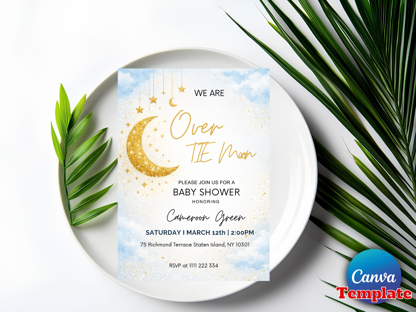 Editable Blue We are Over the Moon Baby Shower Invitation