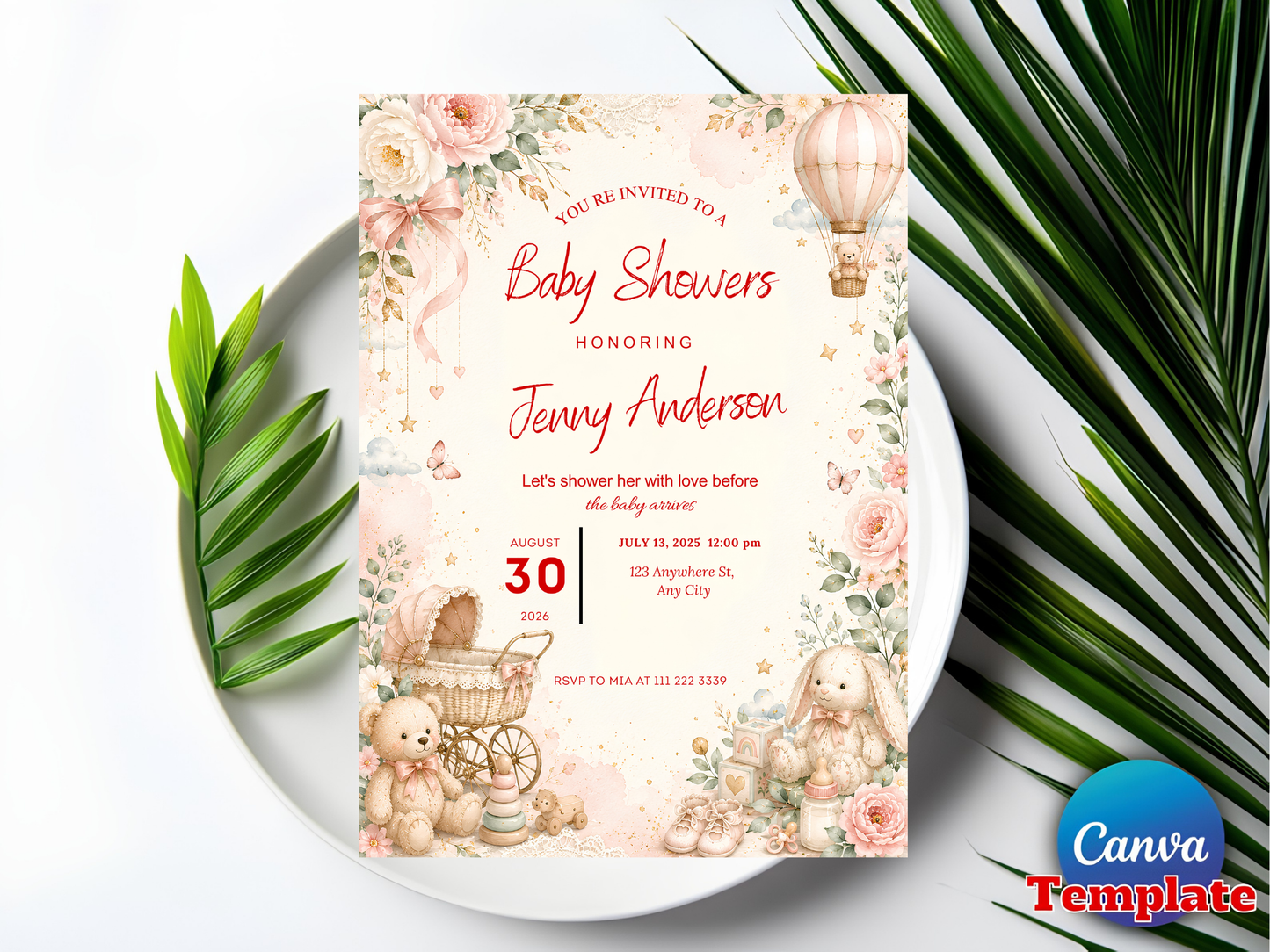 Sage Green Teddy Bear Invite, Baby Shower Invitation Template, Canva Card (Digital Download)