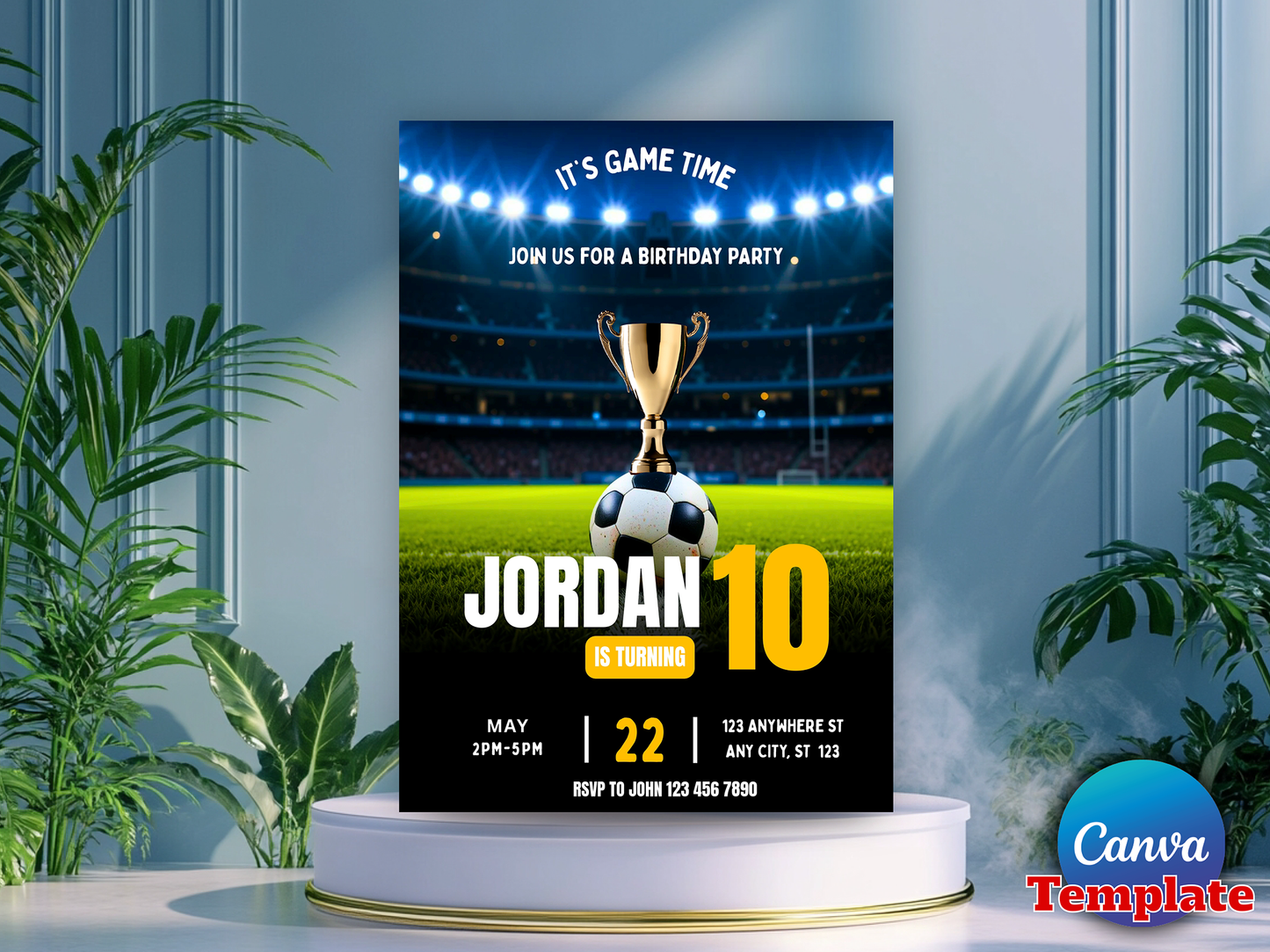 Soccer Football Stadium Theme 10th Birthday Invitation Canva Template
