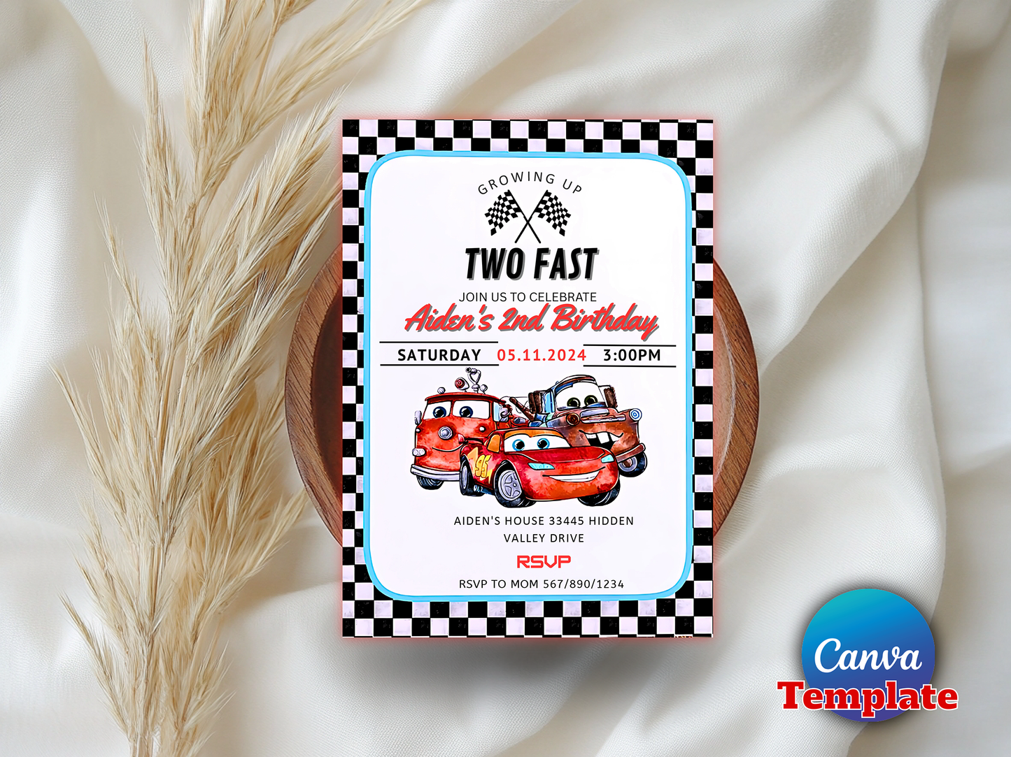 Two Fast Race Car Theme 2nd Birthday Invitation Canva Template Printable