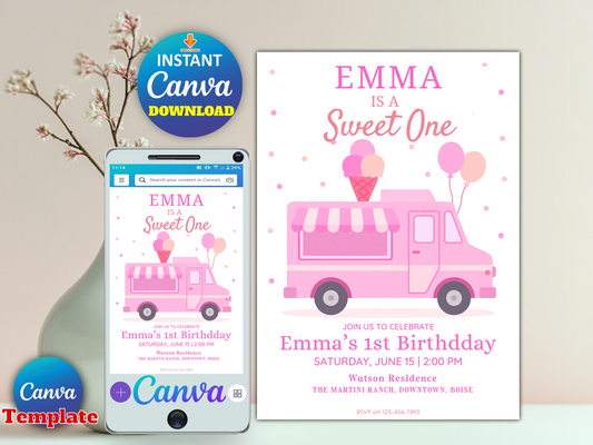 Editable Ice Cream Truck Birthday Party Invitation