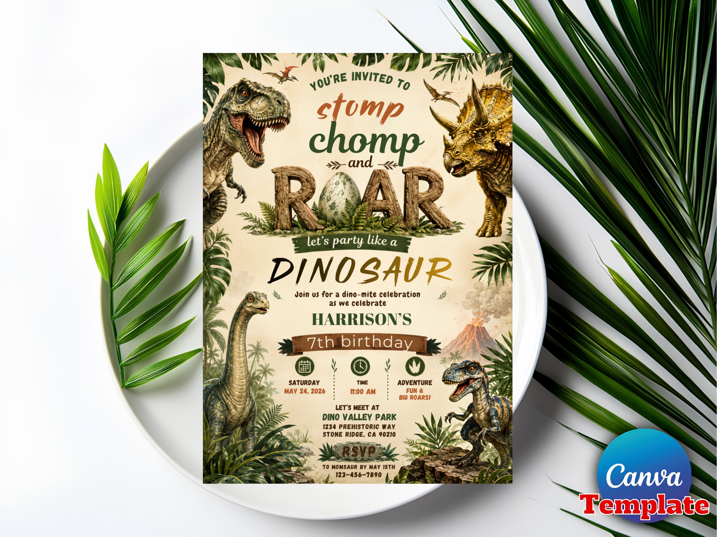 A dinosaur-themed birthday invitation card displayed on a white plate with green palm leaves around it. The card features vintage-style dinosaur illustrations, jungle foliage, and text reading 'You're invited to stomp chomp and ROAR' and 'Harrison's 5th Birthday.