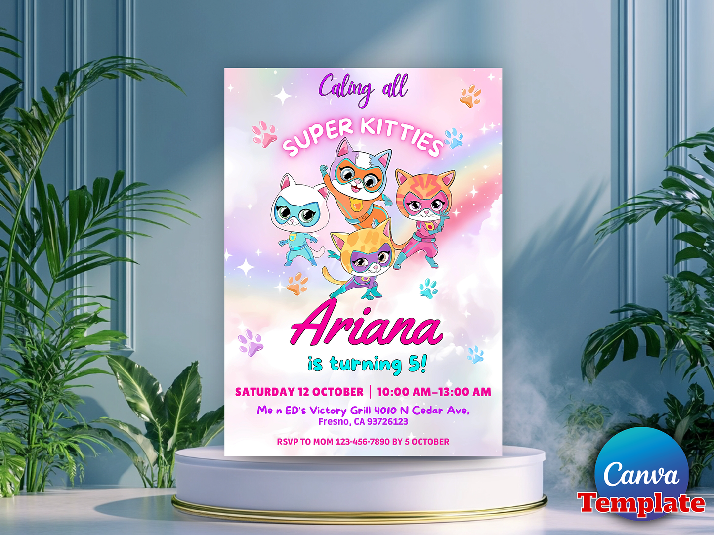 Super Kitties Themed 5th Birthday Invitation Canva Template