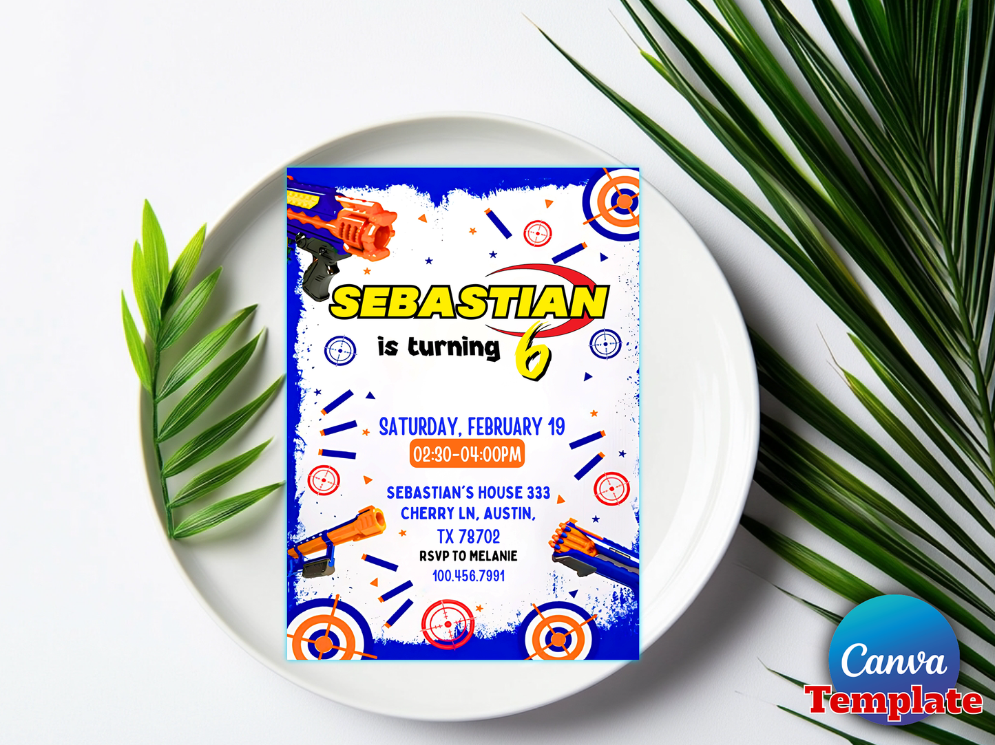 Nerf Gun Theme 6th Birthday Invitation Canva Template Printable