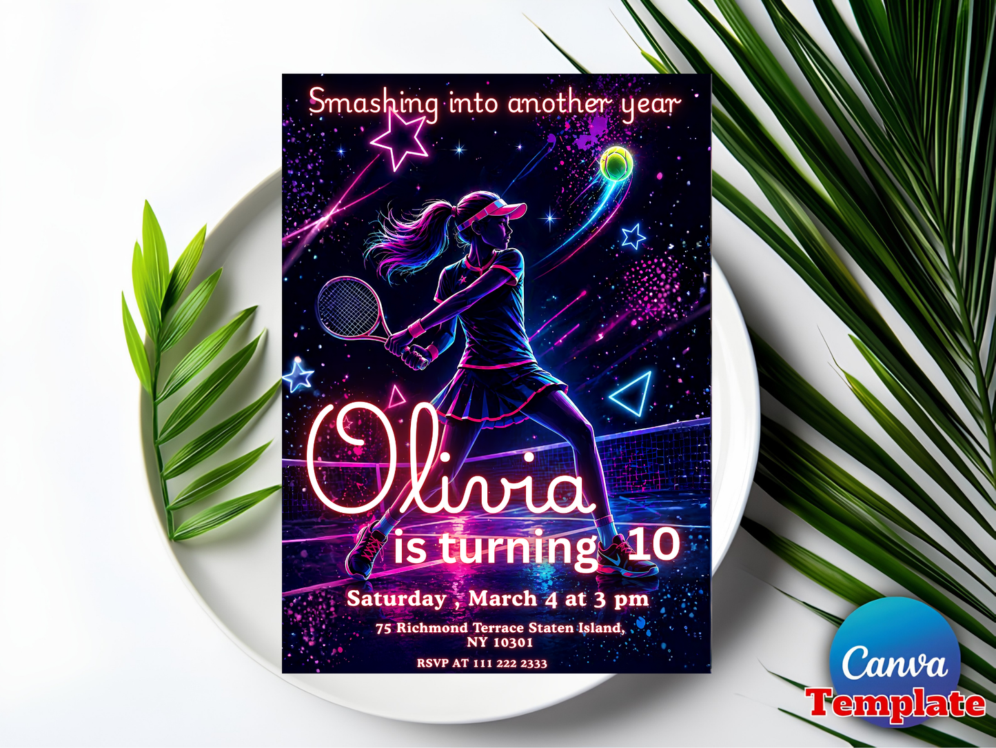 Tennis Birthday Invitation, Neon Girl Tennis Invitation, Girl Sports Party Invite, Tennis Theme Birthday Party, Editable Canva Template