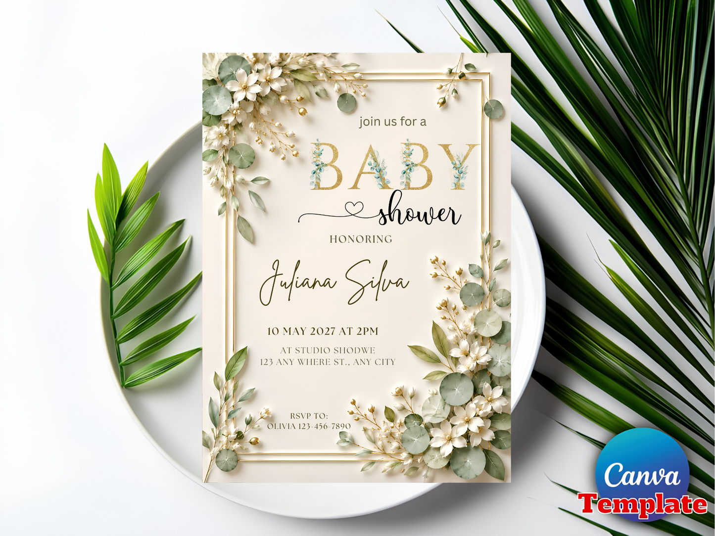 EDITABLE Elegant Baby Shower Invitation Green Leaves and Gold Baby Invite White Flowers Baby Shower Simple Baby Shower Invitation