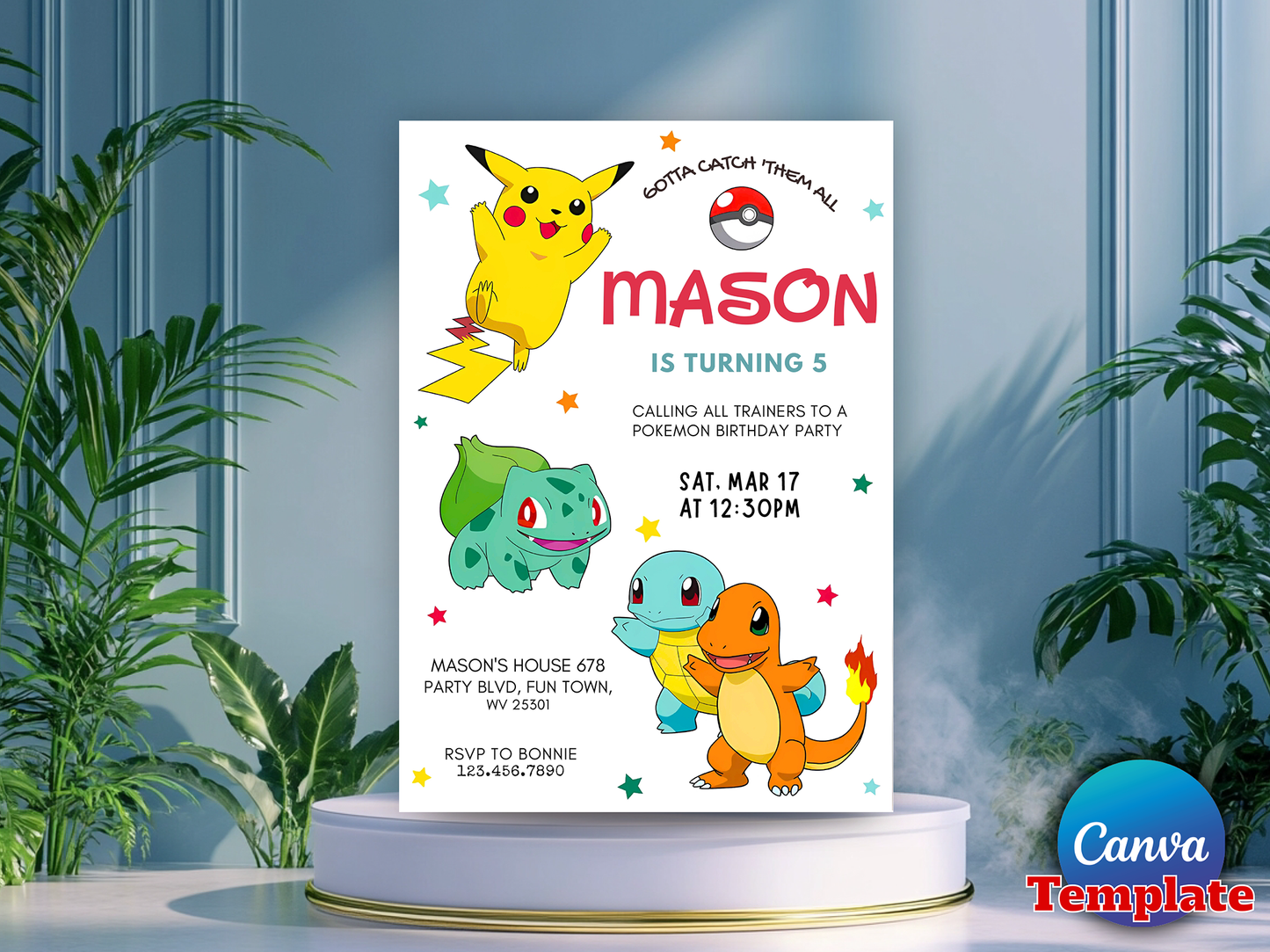 Pokémon Themed 5th Birthday Invitation Canva Template