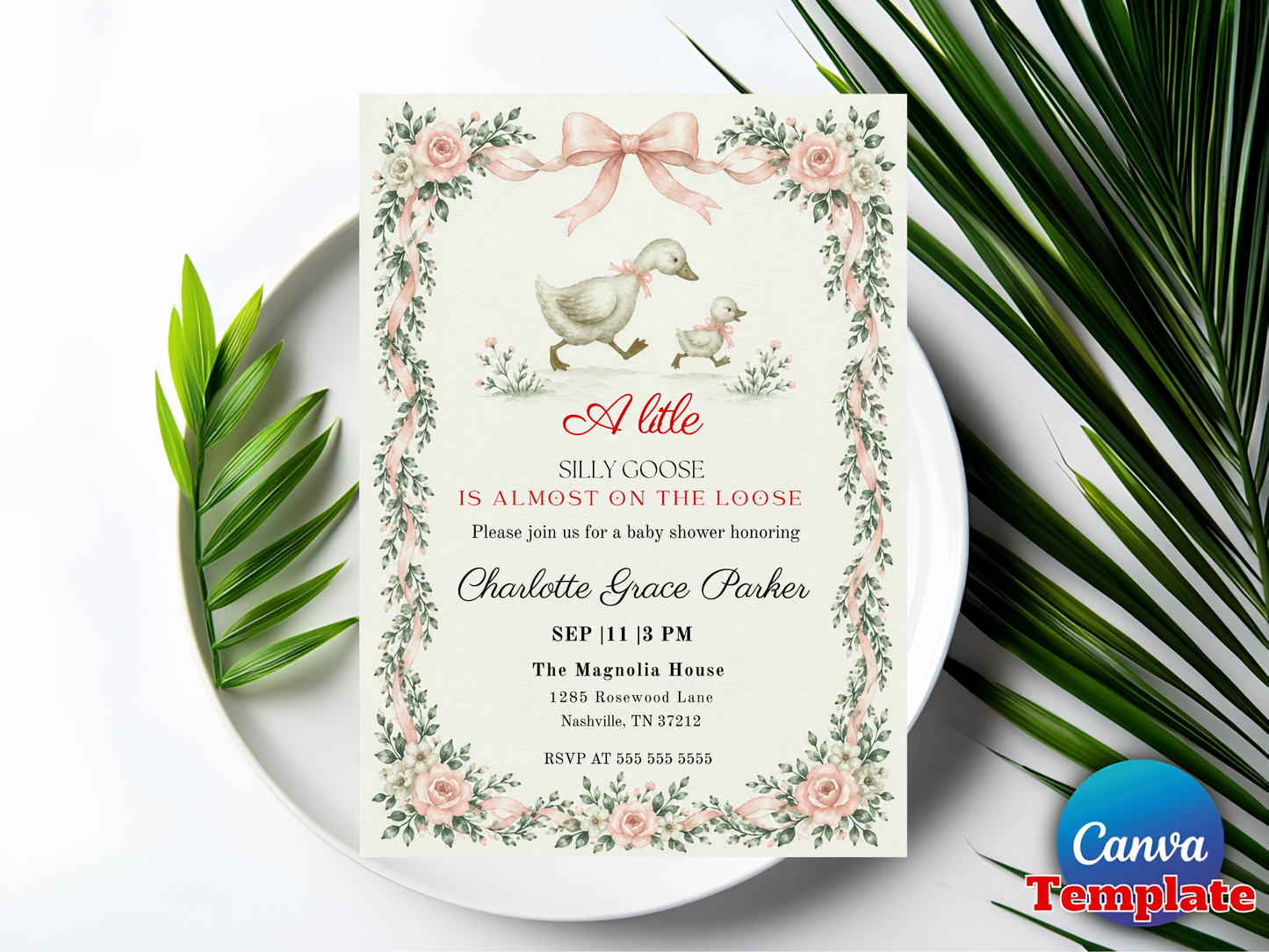 Silly Goose Baby Shower Invitation Template, Pink Gingham Girl Baby Shower Invite, Silly Goose Invite, Digital Invitation, Canva