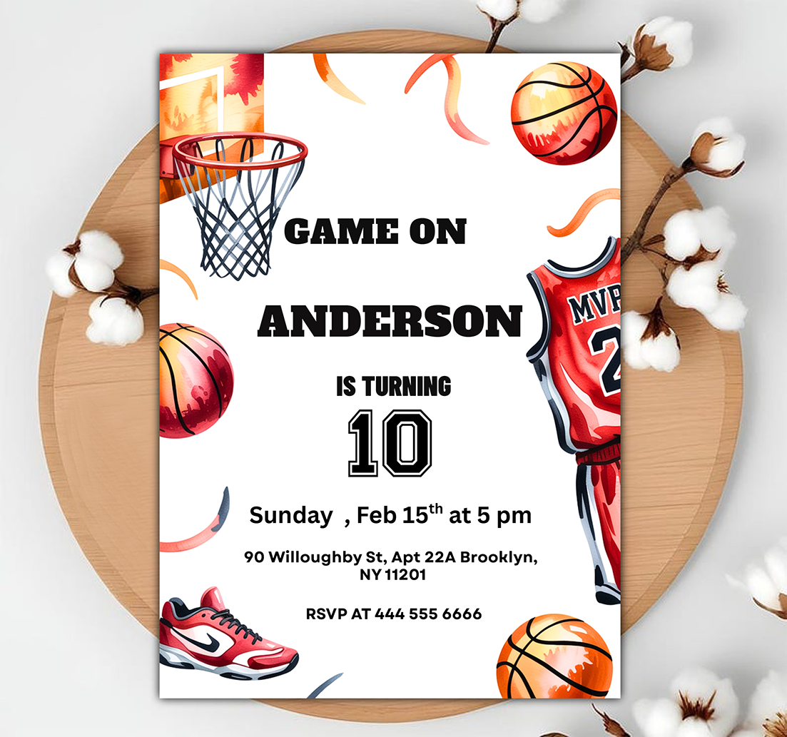 Printable Basketball Birthday Party Invite, Editable Sports Invitation Template