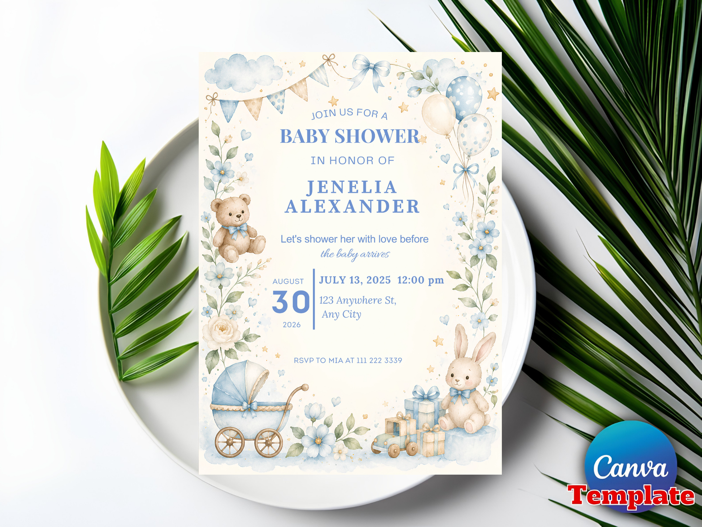Blue Baby Shower Invitation Template, Vintage Nursery Toys Invite, Teddy Bear Rocking Horse, Floral Editable Printable Download