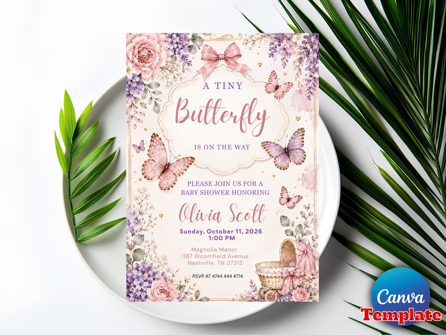 A Tiny Butterfly Baby Shower Invitation Canva Template, Floral Girl Shower Invite, Pink Purple Editable Butterfly Baby Shower Invitation