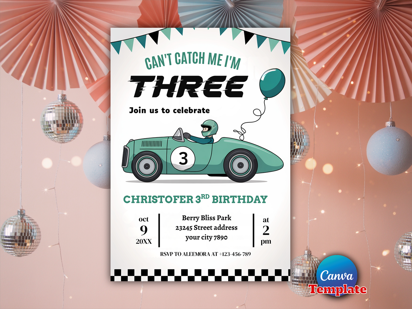 Editable Race Car 3rd Birthday Invitation