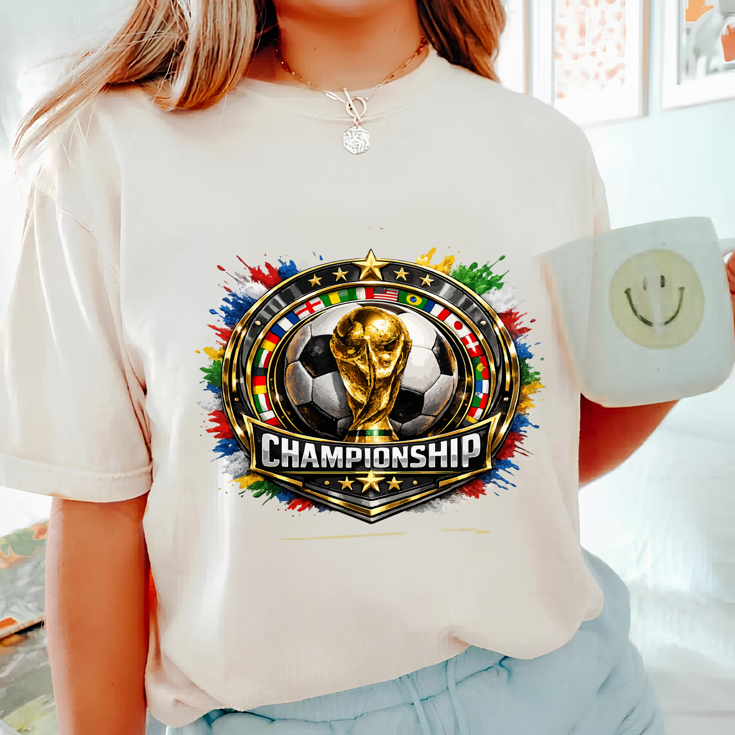 World Cup Soccer Championship Gold Emblem T-Shirt - Global Football Fan Graphic Tee (physical)