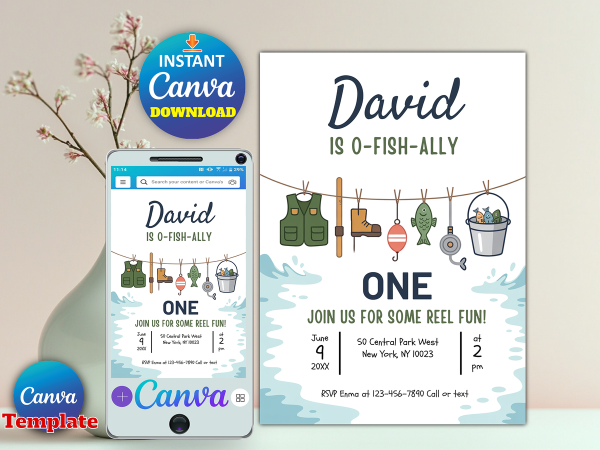 Editable Fishing 1st Birthday Party Invitation