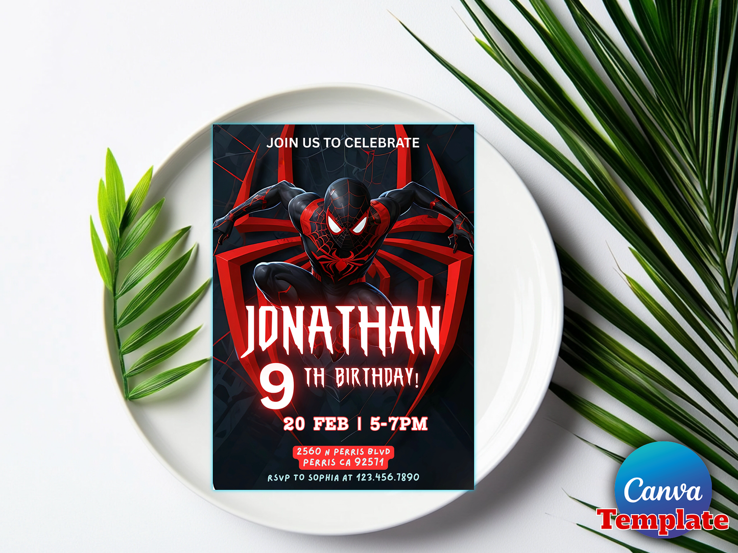 Spider-Man Miles Morales Themed 9th Birthday Invitation Canva Template