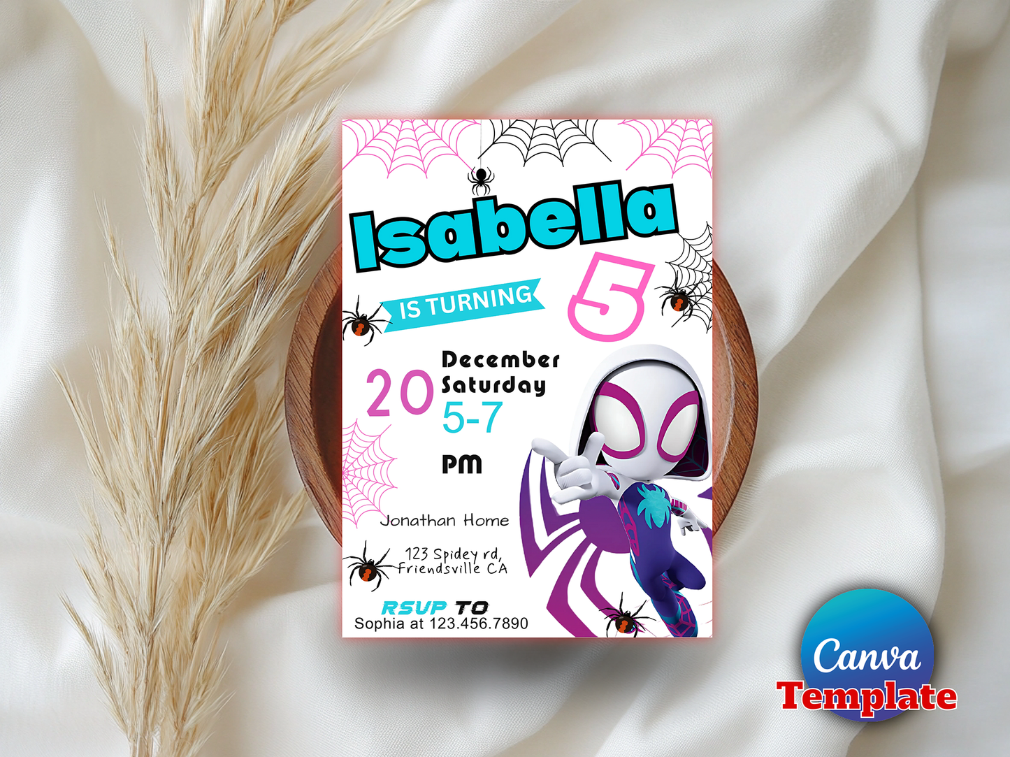 Ghost Spider Gwen Birthday Invitation Template - Editable Canva Digital Download