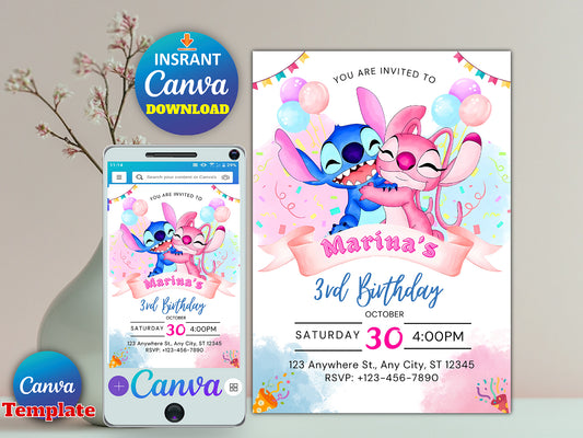 Stitch and Angel Birthday Invitation(Printable)