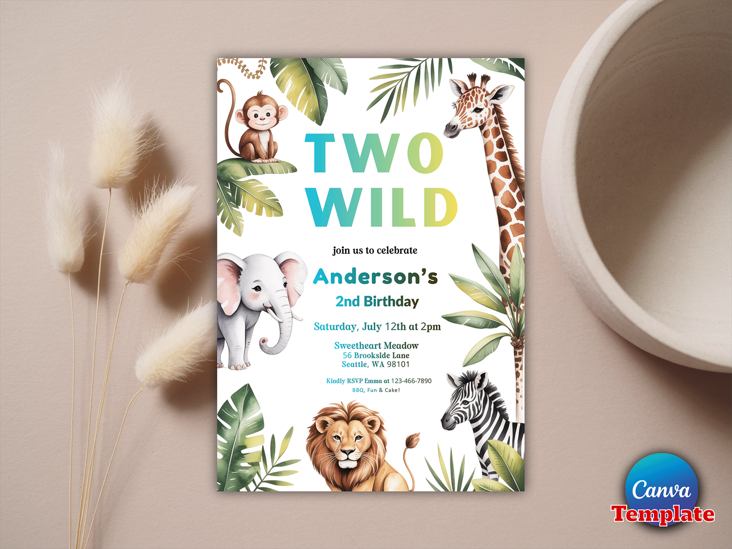 Two Wild Birthday Invitation Jungle Safari Animals Invitation Gold Safari Two Wild 2nd Birthday Party Instant Download Editable PDF File