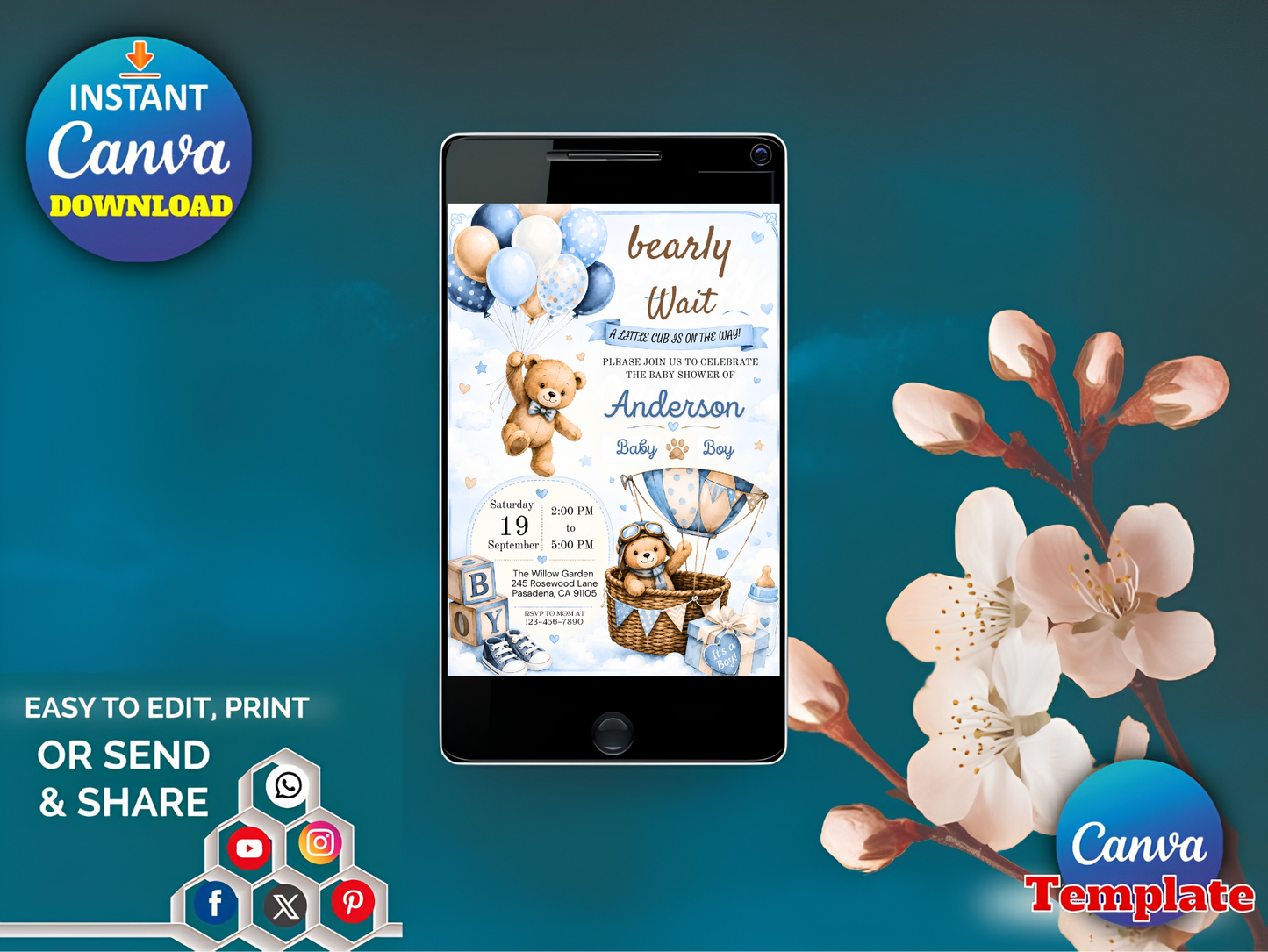 Editable Bear Baby Shower Invitation | We Can Bearly Wait Boy Party (Digital Download)