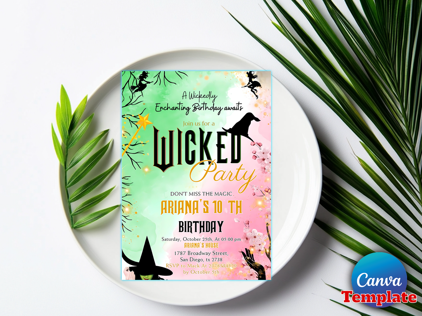 Wicked 10th Birthday Invitation Template – Enchanting Witch Theme Party Invite Editable