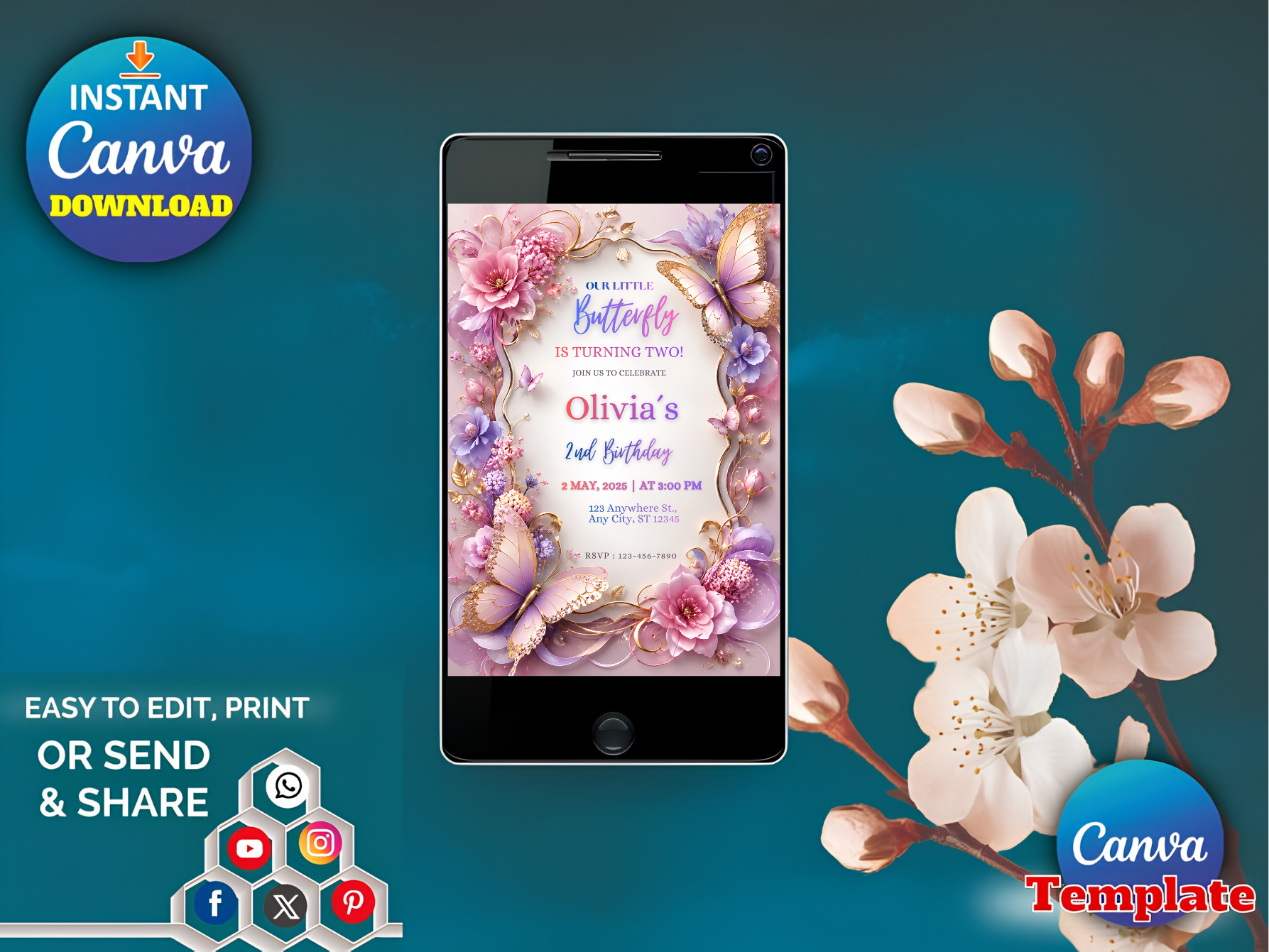 A digital invitation template displayed on a smartphone screen, featuring pastel floral and butterfly artwork with the text 'Olivia's 2nd Birthday.' The image includes Canva branding, an 'Instant Canva Download' badge, social media icons, and decorative flowers on a teal background.