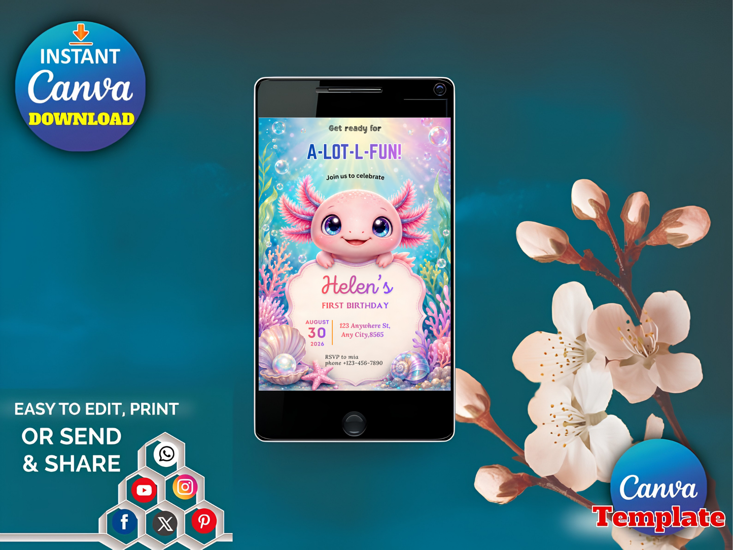 Axolotl Birthday Invitation Girl, A-Lot-L-Fun Underwater Invite, Cute Pink Axolotl 1st Birthday Canva Template Digital Download