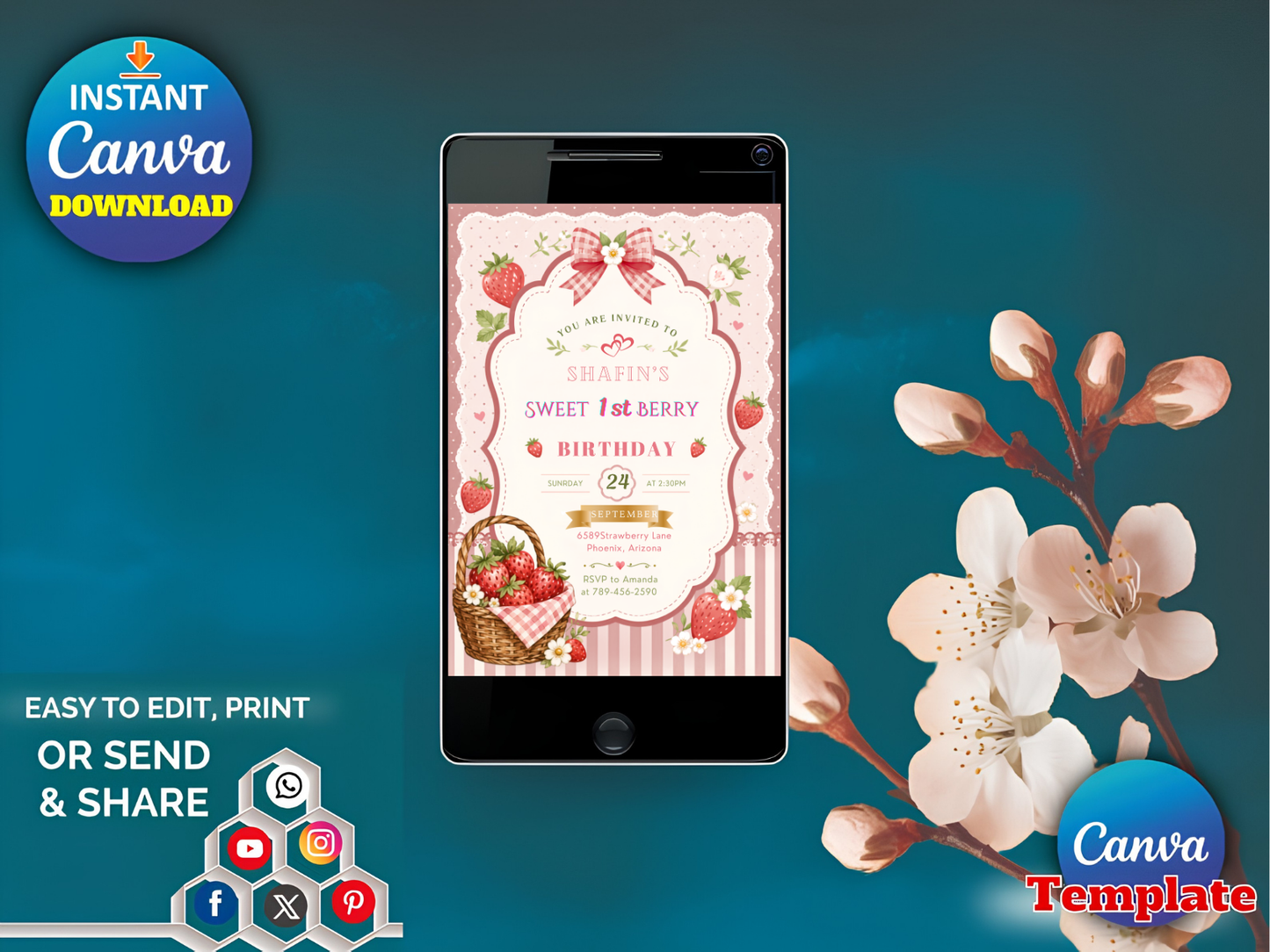 Strawberry Birthday Invitation, Berry First Birthday Invitation, Strawberry Thank You Tags (Digital Download)