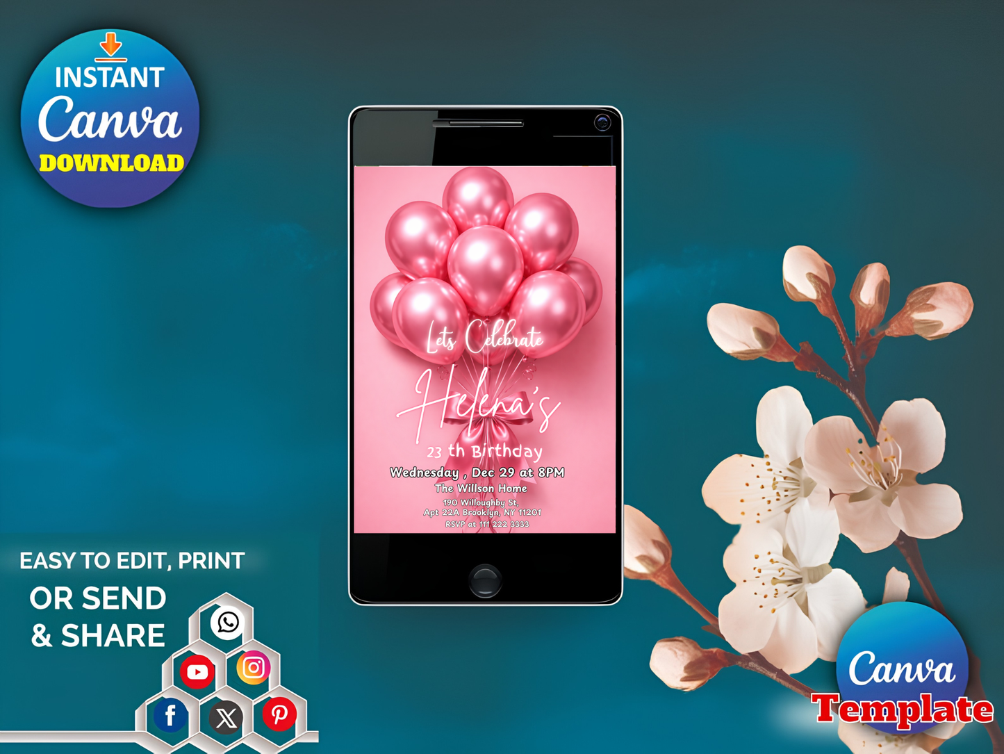 Pink Balloons Birthday Party Invitation Template