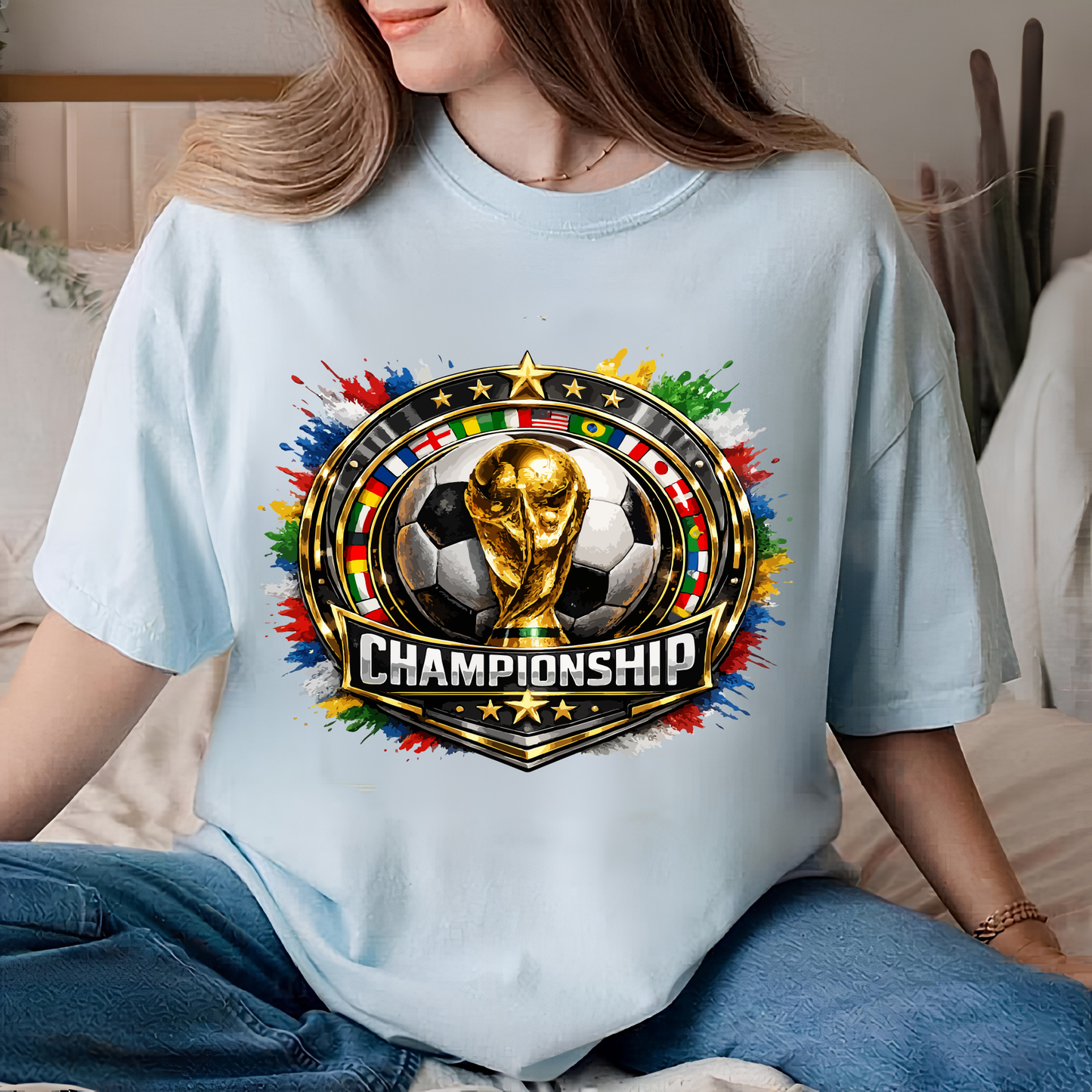 World Cup Soccer Championship Gold Emblem T-Shirt - Global Football Fan Graphic Tee (physical)