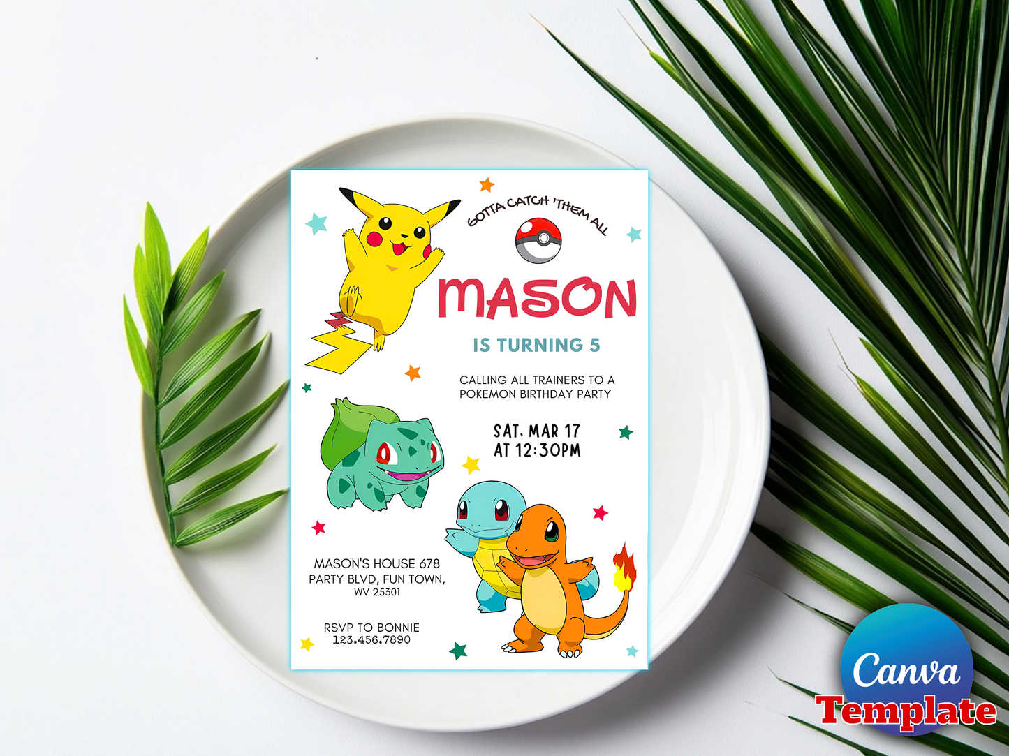 Pokémon Themed 5th Birthday Invitation Canva Template